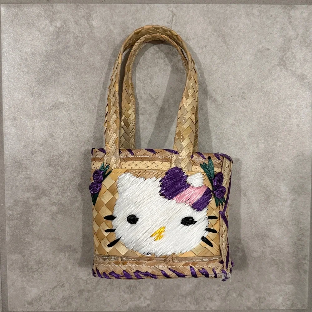 Hello Kitty Woven Straw Mini Tote Bag Sanrio Style Basket Purse Kawaii Summer - Picture 1 of 7
